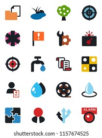 Color and black flat icon set - bomb in case vector, contract, water drop, pond, ambulance star, patient, route, important flag, folder document, reel, application, root setup, target, supply