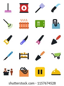 Color and black flat icon set - passport control vector, safe, trowel, farm fork, rake, wheelbarrow, saw, garden knife, scalpel, oil barrel, rack, pause button, paper clip, heater, dish