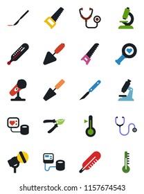 Color and black flat icon set - trowel vector, pruner, saw, stethoscope, blood pressure, thermometer, heart diagnostic, microscope, scalpel, microphone