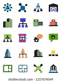 Color and black flat icon set - hierarchy vector, well, molecule, hospital, office building, garage, plan, home message