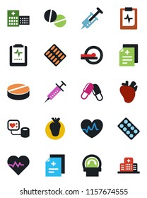 Color and black flat icon set - heart pulse vector, diagnosis, syringe, blood pressure, pills, blister, tomography, real, clipboard, hospital