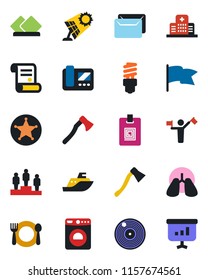 Color and black flat icon set - dispatcher vector, washer, pedestal, contract, axe, lungs, hospital, sea shipping, vinyl, identity card, mail, cafe, serviette, intercome, energy saving bulb, police