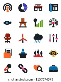 Color and black flat icon set - reception vector, pedestal, circle chart, rain, fireplace, heart diagnostic, eye, store, microphone, antenna, chain, tuning, id, cellular signal, document folder
