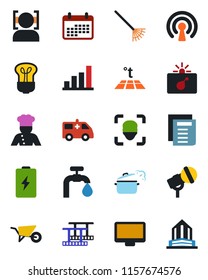 Color and black flat icon set - bomb in case vector, document, rake, wheelbarrow, ambulance car, film frame, microphone, monitor, face id, bar graph, water supply, cook, steaming pan, wireless, bulb