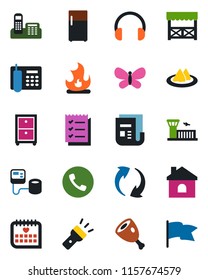 Color and black flat icon set - phone vector, airport building, butterfly, fire, house, blood pressure, medical calendar, news, headphones, update, torch, office, checklist, archive box, serviette
