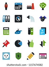 Color and black flat icon set - manager vector, pencil, watering, diagnosis, protect, calendar, data exchange, compass, drawing pin, pie graph, paper binder, handshake, book, pond, fruit tree