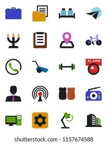 Color and black flat icon set - case vector, lawn mower, barbell, bike, navigation, clipboard, folder document, radio, antenna, settings, desk lamp, estate agent, phone, salt and pepper, candle, pc