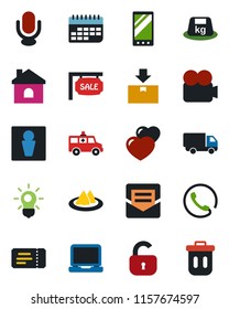 Color and black flat icon set - male vector, ticket, house, ambulance car, delivery, term, package, heavy, video camera, microphone, laptop pc, heart, mobile, mail, sale, lock, phone, serviette