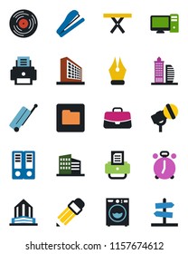 Color and black flat icon set - suitcase vector, alarm clock, office building, case, binder, printer, picnic table, vinyl, microphone, folder, ink pen, pencil, stapler, washer, pc, guidepost