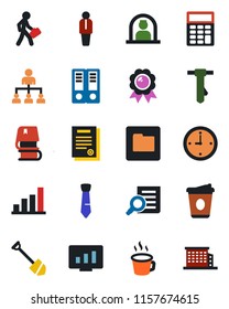 Color and black flat icon set - reception vector, manager, hierarchy, office binder, medal, document search, tie, coffee, job, statistic monitor, folder, clock, bar graph, calculator, contract, book