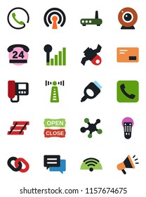 Color and black flat icon set - antenna vector, satellite, 24 hours, remote control, share, chain, mail, hdmi, call, message, cellular signal, paper tray, wireless, phone, open close, router