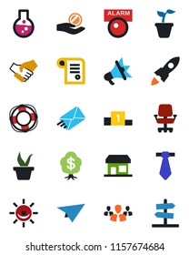 Color and black flat icon set - seedling vector, alarm led, group, rocket, handshake, office chair, investment, flask, paper plane, crisis management, mail, advertising, pedestal, contract, tie