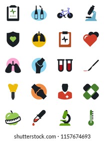Color and black flat icon set - heart vector, blood test vial, dropper, microscope, ampoule, scalpel, patch, bike, shield, lungs, implant, joint, pulse clipboard, diet, doctor, thermometer