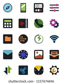 Color and black flat icon set - mobile vector, call, camera, gallery, settings, tuning, calculator, clock, stopwatch, mail, network, folder, data exchange, wireless, cut, compass, video, charge