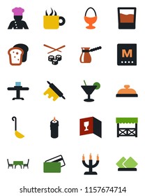 Color and black flat icon set - cook vector, restaurant table, wine card, menu, reception, drink, cocktail, coffee, egg stand, bread, candle, cafe, alcove, credit, ladle, rolling pin, turkish, sushi