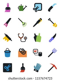 Color and black flat icon set - pen vector, job, farm fork, rake, watering can, bucket, glove, saw, garden knife, stethoscope, blood pressure, themes, cut, paper clip, rolling pin, cutting board