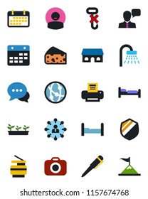 Color and black flat icon set - bed vector, shower, hierarchy, pen, seedling, patient, term, no hook, shield, camera, network, dialog, speaker, calendar, printer, copier, bedroom, cafe building