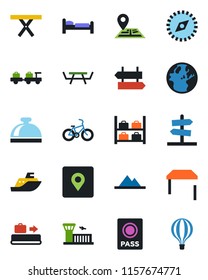 Color and black flat icon set - baggage conveyor vector, signpost, reception bell, passport, bed, larry, luggage storage, airport building, picnic table, bike, navigation, sea shipping, place tag