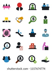 Color and black flat icon set - escalator vector, baby room, reception, meeting, hospital, doctor, patient, group, manager desk, client search, estate agent, waiter, fingerprint, consumer, handshake