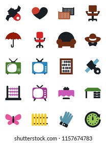 Color and black flat icon set - abacus vector, desk, fence, glove, butterfly, satellite, cargo container, umbrella, tv, heart, office chair, cushioned furniture, restaurant table, dress code, clock