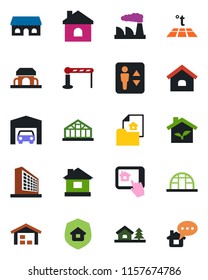 Color and black flat icon set - barrier vector, elevator, office building, factory, house, greenhouse, with tree, garage, warehouse, estate document, insurance, cafe, eco, home control app, message