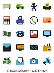 Color and black flat icon set - baby vector, camera, mail, printer, bench, cash, monitor, gallery, calculator, phone, car, advertising