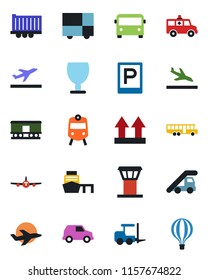 Color and black flat icon set - airport tower vector, departure, arrival, bus, parking, train, fork loader, ladder car, plane, ambulance, truck trailer, sea port, consolidated cargo, fragile