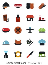 Color and black flat icon set - waiter vector, cook, dish, alcohol, restaurant table, cafe, hat, reserved, bacon, salt and pepper, receipt, chicken, steak, knife, sushi, serviette, storefront