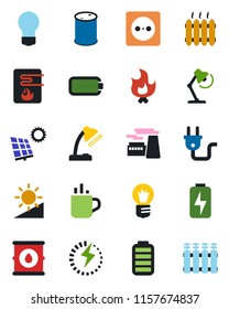 Color and black flat icon set - hot cup vector, bulb, factory, fire, oil barrel, battery, brightness, charge, desk lamp, sun panel, heater, socket, power plug, water, radiator