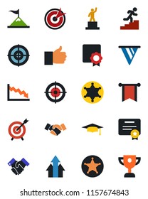 Color and black flat icon set - handshake vector, pedestal, graduate, finger up, sertificate, target, career ladder, police, arrow graph, motivation, pennon, crisis, certificate, award cup