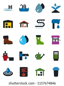 Color and black flat icon set - watering can vector, boot, water drop, well, drip irrigation, sea port, warehouse, pool, supply, drink, heater, filter
