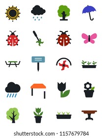 Color and black flat icon set - umbrella vector, sun, flower in pot, ripper, tree, butterfly, lady bug, seedling, rain, plant label, picnic table, tulip