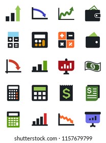 Color and black flat icon set - growth statistic vector, calculator, crisis graph, receipt, bar, wallet, cash, presentation
