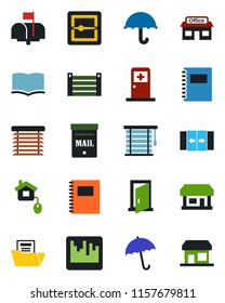 Color and black flat icon set - automatic door vector, umbrella, medical room, book, store, container, scanner, copybook, document folder, mailbox, home control, jalousie, storefront