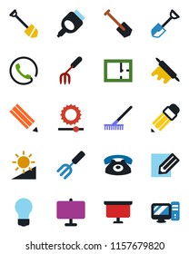 Color and black flat icon set - presentation board vector, bulb, job, pencil, garden fork, shovel, rake, hdmi, brightness, plan, phone, rolling pin, pc