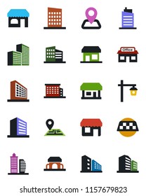 Color and black flat icon set - taxi vector, shop, office building, garden light, navigation, store, city house, cafe, storefront