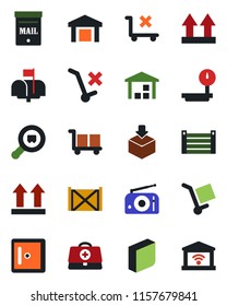 Color and black flat icon set - checkroom vector, doctor case, container, cargo, up side sign, no trolley, warehouse, package, heavy scales, search, radio, blank box, mailbox, garage gate control