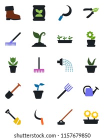 Color and black flat icon set - job vector, flower in pot, shovel, farm fork, rake, seedling, watering can, sproute, pruner, boot, hoe, sickle, fertilizer