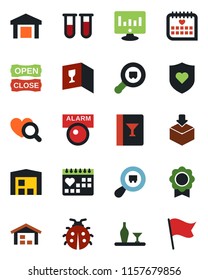 Color and black flat icon set - statistic monitor vector, lady bug, blood test vial, heart diagnostic, shield, medical calendar, warehouse, package, search cargo, sertificate, alcohol, wine card