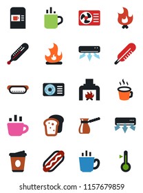 Color and black flat icon set - hot cup vector, coffee machine, fire, thermometer, fireplace, air conditioner, bread, dog, turkish