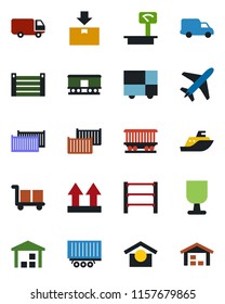 Color and black flat icon set - plane vector, railroad, sea shipping, truck trailer, cargo container, car delivery, consolidated, fragile, warehouse storage, up side sign, package, heavy scales