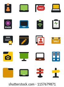 Color and black flat icon set - passport vector, office binder, notebook pc, pulse clipboard, signpost, laptop, folder, notes, photo gallery, presentation board, sale, pass card, certificate