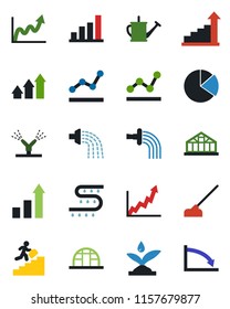 Color and black flat icon set - growth statistic vector, watering can, hoe, greenhouse, drip irrigation, bar graph, pie, point, career ladder, arrow up, crisis
