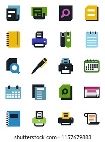 Color and black flat icon set - document search vector, pen, notepad, calendar, printer, copybook, news, book, schedule, contract