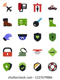 Color and black flat icon set - plane radar vector, security gate, smoking place, alarm car, safe, glove, boot, hose, heart shield, protect, lock, key, intercome, surveillance, sprinkler