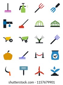 Color and black flat icon set - fence vector, garden fork, farm, rake, wheelbarrow, hoe, sickle, plant label, pumpkin, greenhouse, sprayer, fertilizer, drip irrigation, windmill