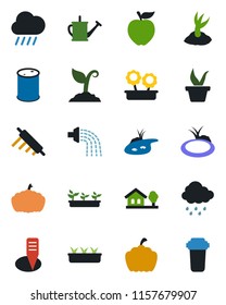 Color and black flat icon set - seedling vector, watering can, sproute, rain, plant label, pumpkin, pond, oil barrel, house with tree, flower in pot, rolling pin, apple fruit, water filter