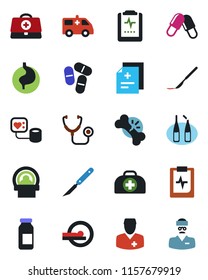 Color and black flat icon set - doctor case vector, diagnosis, stethoscope, blood pressure, pills, ampoule, scalpel, tomography, ambulance car, stomach, broken bone, pulse clipboard