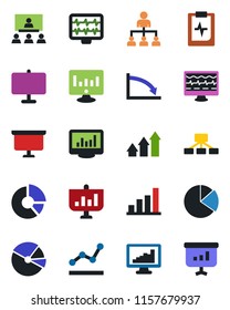 Color and black flat icon set - hierarchy vector, presentation board, statistic monitor, circle chart, pulse, clipboard, statistics, bar graph, pie, point, arrow up, crisis