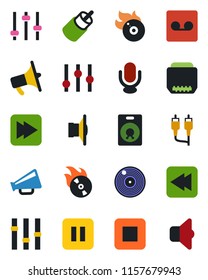 Color and black flat icon set - vinyl vector, flame disk, speaker, loudspeaker, settings, microphone, pause button, stop, fast forward, rewind, rca, hdmi, tuning, record, sound